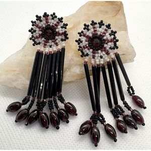 Vintage‎ Beaded Statement Chandelier Earrings Black Burgundy Glass 2.5" Boho